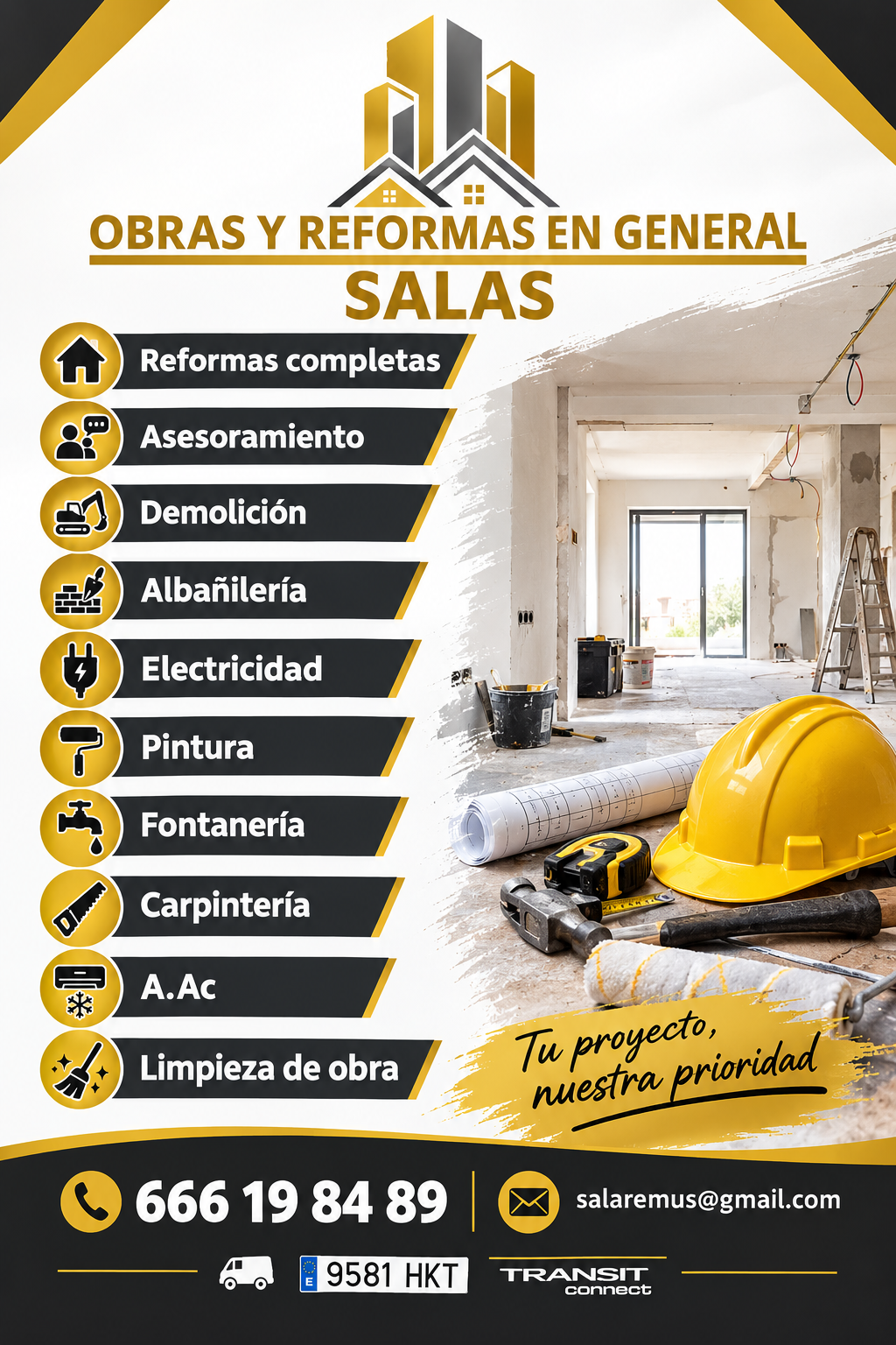 Cartel de servicios de Obras y Reformas Salas